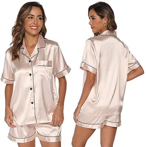 GAESHOW Pyjamas for Women Silk Satin Pyjama Two Piece Pj Sets Short Sleeve Sleepwear Button Down Sleepwear Loungewear Champagne