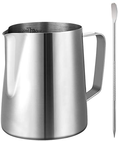 Gwhole 580 ML Bricco per Latte in Acciaio Inox Tazza di Latte caffè Bricco Latte Art con Marchio di Misurazione e Latte Art Pen