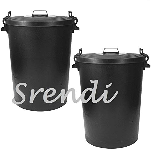 Srendi® 2 x 110Litre Black Plastic Bin Heavy Duty Refuse Bin With Lockable Lid Ideal for Outdoor/Rubbish/Waste/Dustbin/Animal Feed