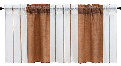 HeichkelL Scheibengardine mit Streifen-Dessinierung Halptransparente Kurzstores Tunnelzug Küche Esszimmer Bistrogardine Braun HxB 60x120 cm