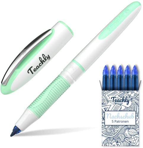 Teachly Superstudent Tintenroller - Nachfüllbarer Stift für Uni, Schule & Büro (Mint) - Inkl. 7 Tintenpatronen (Blau)