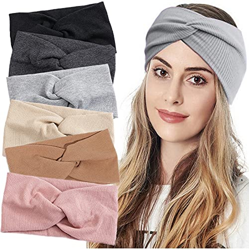 VEGCOO Damen Haarband Winter, 6 Stück Breit Verdreht Elastisch Stirnband, Sport Yoga Haarbänder für Damen Mädchen(6 Stück)