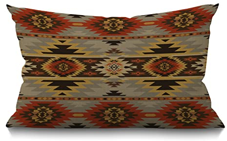 Smooffly Kissenbezug mit indianischem Südwest-Druck, Azteken-Navajo, geometrisches Muster, Taille, Lendenwirbelsäule, Baumwollleinen, Kissenbezug für Sofa, Zuhause, dekorativ, länglich, 30,5 x 50,8 cm