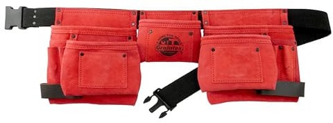 Graintex 11 Pocket Red Color Suede Leather Tool Belt/Tool Bag/Work Apron, 2 Hammer Loops, Adjustable Belt | Construction Tools, Carpenter Tools, Roofing Tools, Drywall Tools, Gardening - DS2439