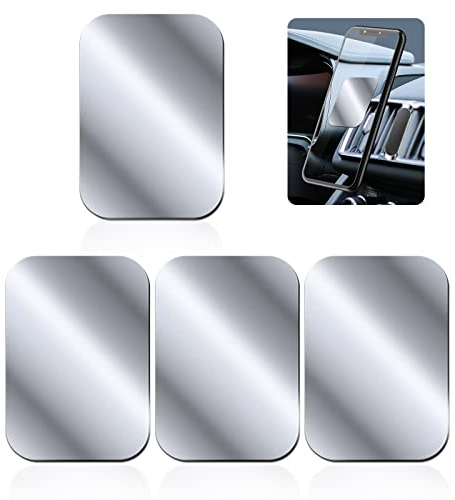 Rouclo 4 Stück Metallplatte Metallplättchen Selbstklebend Set mit Kleber für Magnet kfz Handyhalter fürs Auto Sehr Dünn Metallplatten für Handy und Tablet, Silber Rechteckige