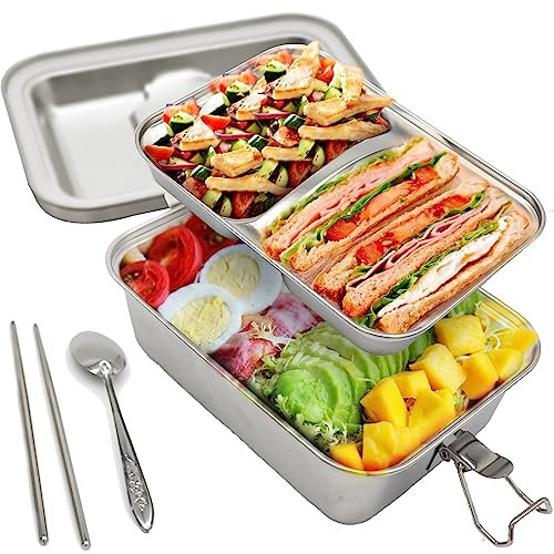 Lonchera Bento de acero inoxidable de doble capa, recipiente a prueba de fugas de 1800 ml con cierre de seguridad, palillos y cuchara incluidos. Perfecto para adultos y fácil de limpiar. Caja bento de
