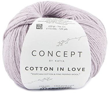 Cotton in Love de Katia Baumwolle und Wolle in 50 Gramm und 115 Meter zum Stricken mit Nadeln 3½ - 4 oder Häkeln 3½ - Farbe Malve hell (68)