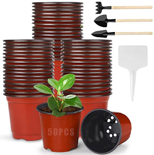 Weicher Plastik Pflanztopf, 50 Stück Pflanzentöpfe, 15 cm Anzuchttöpfe rund Kunststoff, Anzucht Klein Anzuchttöpfe, Kunststoff Blumentopf mit Rechen, Spaten, 10 Plants Tags für Sämlinge & Stecklinge