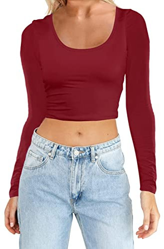 L9WEI Y2K Tops Mujer Básico Corto Camiseta de Manga Larga Estrecha Cortada Camisetas de Manga Larga Top Slim Crop Top Adolescentes Niñas de Manga Larga Moda Callejera, rojo, XL
