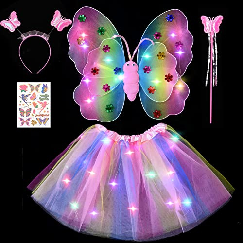 Tacobear Leuchtend Feenkostüm Feenflügel Schmetterlingsflügel mit Haarreif Zauberstab Fee Tattoos LED Tutu Tüllrock Mädchen Kinder Halloween Karneval Feen Geburtstag Party Fasching Kostüm