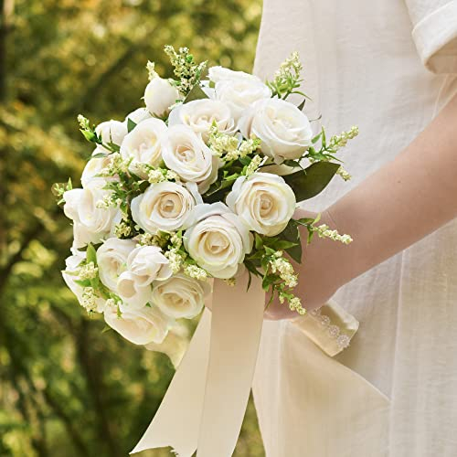 Annkin Hochzeitssträuße für Braut, Brautjungfer, 22,9 cm, elfenbeinfarben, Brautstrauß, rustikaler Blumenstrauß, künstliche Rosen für Hochzeit, Kirche, Heimdekoration