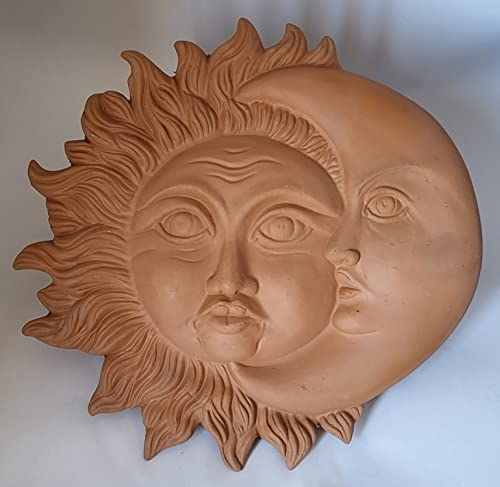 Soleil et lune en terre cuite fait à la main avec crochet longueur 40 cm, hauteur 16 cm, profondeur 24 cm, pot cuit coco fabriqué en Italie