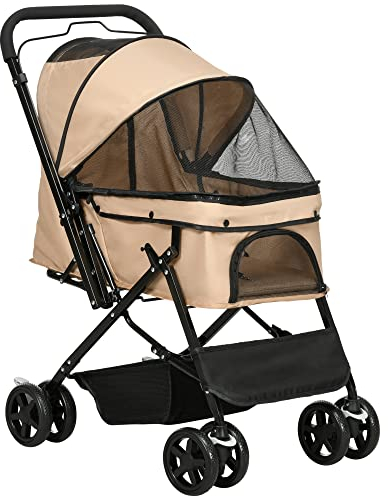 PawHut Dog Stroller, Pet Stroller, Foldable Dog Cat Travel Pushchair with Reversible Handle, EVA Wheels, Brake, Basket, Adjustable Canopy, Safety Leash, for Small Dogs, Light Brown