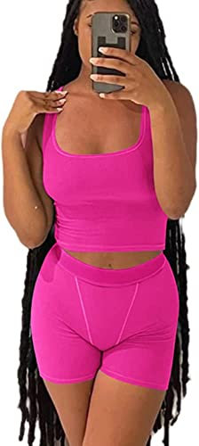 ZFLM Conjunto de entrenamiento casual de dos piezas para mujer, camiseta sin mangas acanalada, cintura alta, leggings de yoga, Fucsia-shorts, XXL