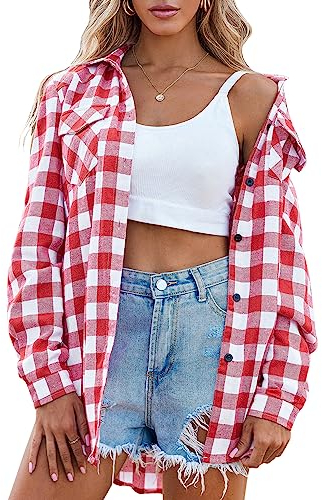 Zeagoo Bluse Damen Baumwolle Hemd Langarm Trachtenbluse V-Ausschnitt Oktoberfest Shirt Kariertes Hemden HolzfäLlerhemd Oberteile mit Knöpfen Blau XL A-Wassermelonenrot S