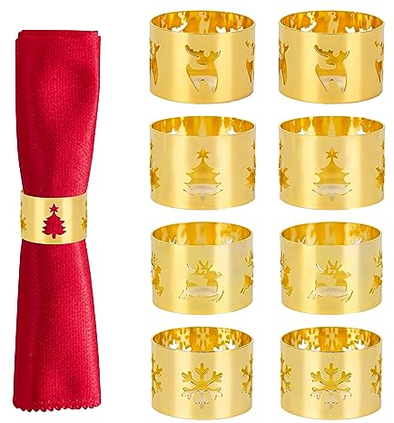 8 Stück Weihnachten Serviettenringe Jahrgang Weihnachts Serviettenhalter, Tischdekoration Serviettenringe Halter Weihnachten Weihnachtsbaum Rentiere und Schneeflocken Gold Servietten Schnalle