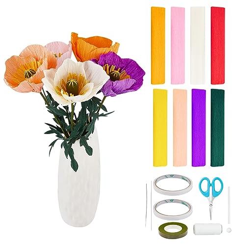 FREEBLOSS 25 Satz Krepppapier-Set Blumen 8 Farben Krepppapier für die Blumenherstellung mit Anleitung Krepppapierrolle für Anfänger Papierblumen-Bausätze für Erwachsene