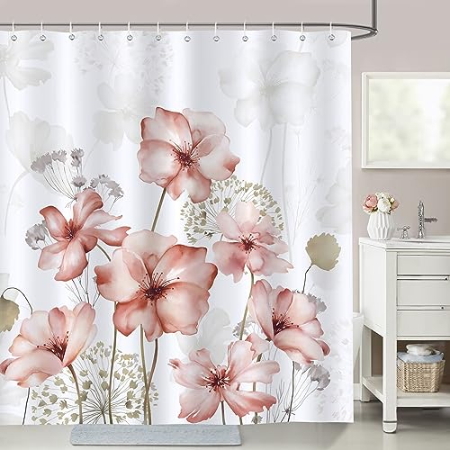 Bonhause Duschvorhang Aquarell Rosa Blumen Pflanzen Duschvorhänge 180 x 180 cm Anti-Schimmel Wasserdicht Polyester Stoff Waschbar Bad Vorhäng für Badzimmer mit 12 Haken