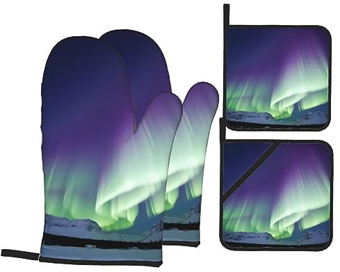 Aurora Ofenhandschuhe und Topflappen, Set mit 4 hitzebeständigen Ofenhandschuhen, rutschfeste Topflappen zum Backen, Kochen, Küche, Grillen, BBQ