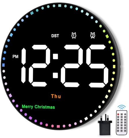 U-picks Wall Clock Round 10 with Adapter & Remote Control,Large Digital Wall Clock Large Display with Rainbow Second Hand Reading/Week/Temp/Adjustable Brightness,Led Wall Clock for Home/Office/Garage