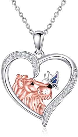 YAFEINI Löwe Kette für Damen Silber 925 Löwe und Schmetterling Haslkette Anhänger Herzform Kette Schmuck Geschenke für Damen Mädchen