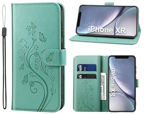 KRAFTCARE Handyhülle für iPhone XR Mit Kartenfach, Geld Slot, Ständer, Magnetic Closure - Flip Case Leder Schutzhülle Tasche, Grün