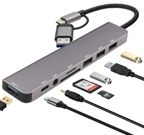 Leehitech USB C Multi Adapter, 8 in 1 USB C Hub with 5Gbps USB 3.0, 3*USB 2.0, SD/TF Card Reader, 3.5mm Headphone Jack, Type C 2.0 for iPhone 16/15 Series, iPad, MacBook, Galaxy S24, DELL, Steam Deck