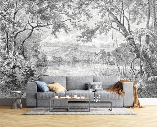 Naturempress Papier Peint Panoramique Jungle Noir Et Blanc Papier Peint Intissé Tapisserie Poster Mural pour Salon Chambre Décoration Murale