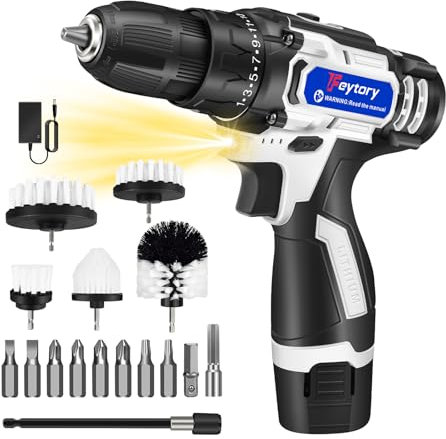 Perceuse Visseuse Devisseuse Sans Fil 16.8V, 45Nm 25+1 Réglages de Couple,2 Vitesses, LED, Perceuse-Visseuse pour Bricolage à Domicile avec Batterie et Accessoires, et Tête de brosse pour le nettoyage