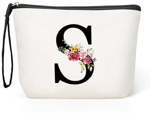 Personalisierte Initialen Große Make-up-Tasche, Schminktasche Damen, Reise Canvas Kosmetiktasche, Geburtstagsgeschenke für Frauen und Mutter, Geschenke für Freundinnen, Braut und Brautjungfern S