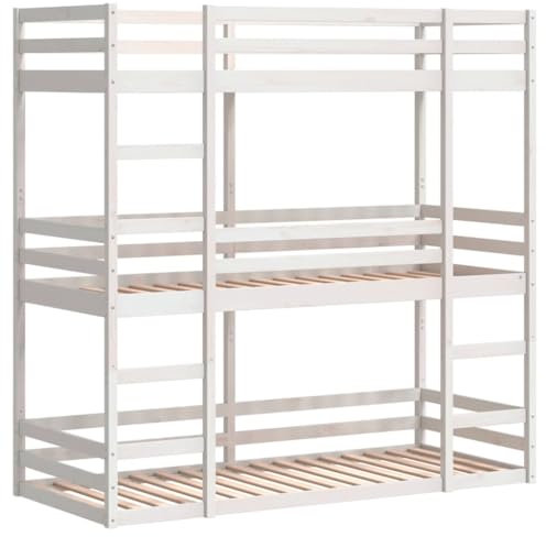 vidaXL Dreifach Etagenbett, Kinderbett ohne Matratze mit Rausfallschutz Leiter, Bettgestell mit Lattenrost, Bett Stockbett Holzbett, Weiß 90x200cm Massivholz Kiefer