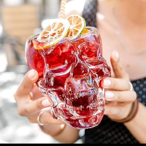 TVIAOH Vaso de cristal de calavera de 700 ml, vasos grandes divertidos, vaso de vodka para licores, cara de calavera (25 onzas, 1 unidad)