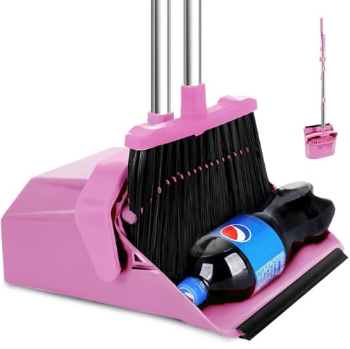 Tiumso Broom with Dustpan Combo Set, 51'' Broom and Dustpan Set, Large Brooms and Dust Pan with Handle for Pets Hair and Floor Garage Kitchen Office Lobby Cleaning (Pink)