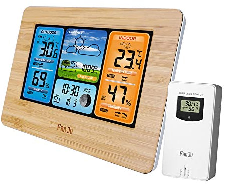 Brilluxa FanJu FJ3373 Digitale Wetterstation, kabellose Multifunktions-Wetteruhr, Innen-/Außentemperatur- und Luftfeuchtigkeitsmonitor, USB-betrieben (Wood)