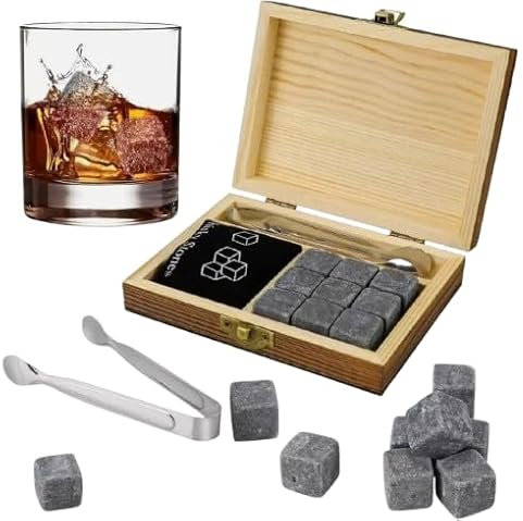 NOVAEASE Premium Whiskey Stones Wooden Box Gift Set | Keep Drinks Cold Whiskey Scotch Soft Drinks Chilled Birthday Gifts for Men, Father | 9PCS Whiskey, Included Wooden Box & Tongs