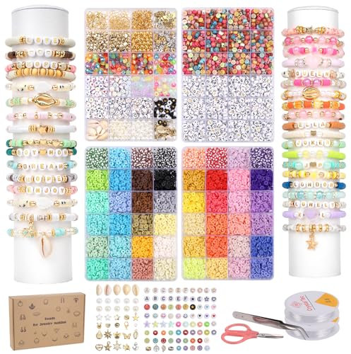 MICHIHOMIE 12000Pcs Perles pour Bracelet, 48 Couleurs Perles de Rocaille avec Cordon Élastique, 6mm Clay Bead pour Adulte Adolescentes Enfant DIY Collier Bracelet Boucle Cadeau d'Anniversaire