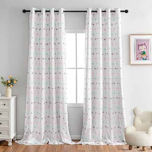 MYSKY HOME Vorhang Kinderzimmer Mädchen Verdunkelungsvorhang Farbige Pompons —— Blickdichte Vorhänge mit Voile Doppellagige Vorhänge Thermovorhang Kälteschutz 2er Set, H 245 x B 140 cm, Farbig