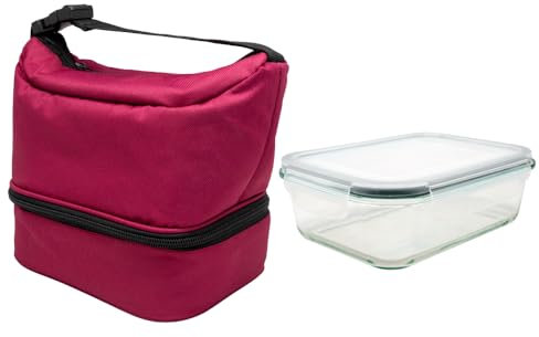 NERTHUS FIH 1505 - Borsa termica per il pranzo con contenitore ermetico in vetro 640ML, borsa porta alimenti con doppio scomparto, interno isolante, con manico, ideale per lavoro e ufficio