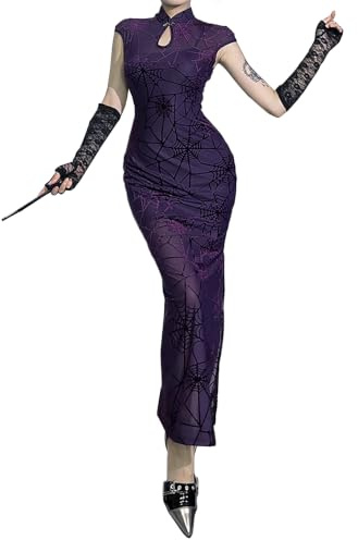 YINGWIN Damen Cheongsam Kleid Zweiteiliges Spinnennetz Blumen Maxikleid Vintage Abendkleider Stehkragen Harajuku Elegant Stil Qipao