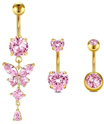 Briana Williams 3stk 14G Bauchnabelpiercing 10mm Gold Edelstahl Bauchnabel Ring Rosa Schmetterling Herz CZ Piercing Schmuck für Frauen und Männer