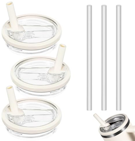 3 Pack 40oz Tumbler Flip Straw Lid Replacement Set, Leakproof No-Spill Reusable Cup Cover with Flip Straw forStanley Cup Accessories (Beige)