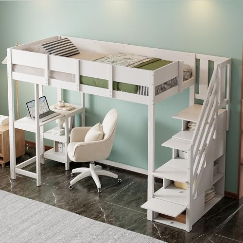 Merax Hochbett, 90 x 200 cm, mit Schreibtisch, Leiter, Aufbewahrung, Lattenrost, großer Platz unter dem Bett, Sicherheitsschutz, für Kinder und Jugendliche, Weiß (ohne Matratze)