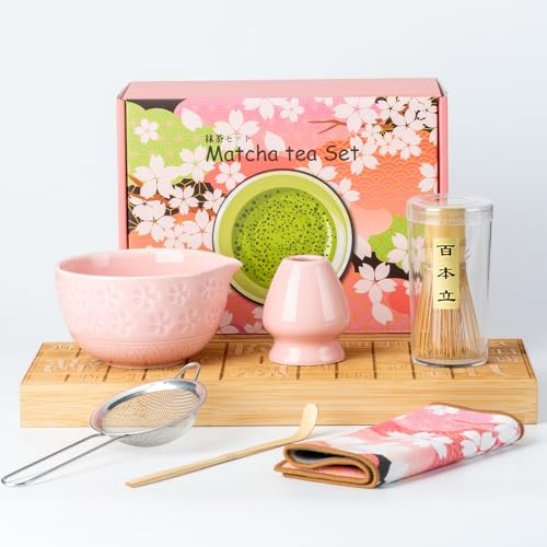 Pink Matcha Set, Ceramic Matcha Whisk Set with Matcha Whisk and Bowl, 6 pcs Complete Matcha Kit and Tea Spout for Making Latte, Accessories for Tea Ceremony, Gift Box Included
