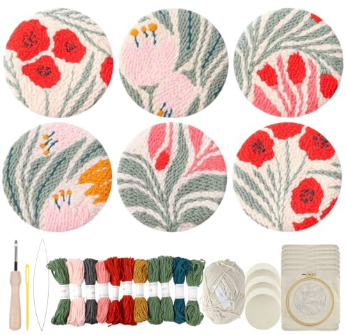 VolksRose 6 Stück Prickelnadel Untersetzer Set - Blumen Punch Needle Set mit Bedeutungsvoller Blumensprache, Anfänger Freundlich DIY Mug Rug Bastelmaterial für Home Tisch Dekor, Romantisches Geschenk