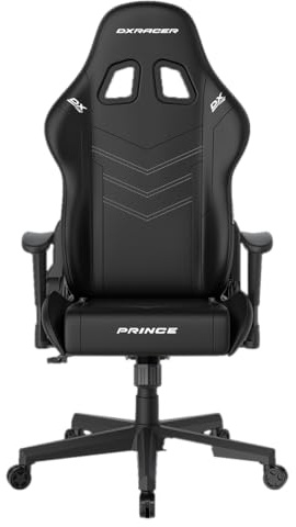 DXRacer Prince L PF132 Gamingstuhl/Bürostuhl mit höhenverstellbaren Armlehnen. Ergonomischer Drehstuhl, Kunstleder schwarz mit weißen Kontrastnähten.
