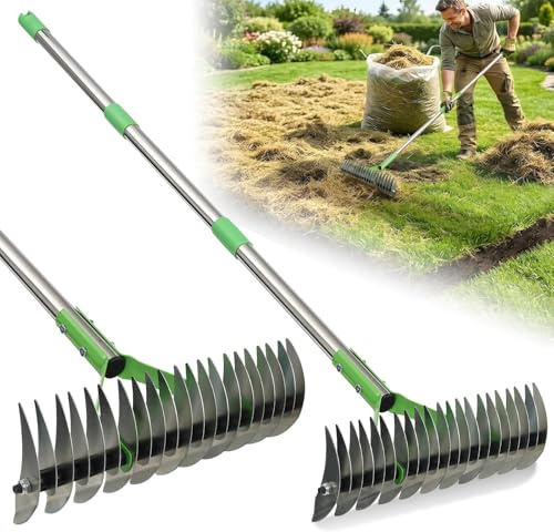 Lawn Thatch Rake | 13 Heavy-Duty Dethatching Rake with Sharp Carbon Steel Tines | 2-in-1 Manual Dethatcher & Scarifier for Dead Grass, Moss Removal & Turf Dethatching | 50 Adjustable Handle