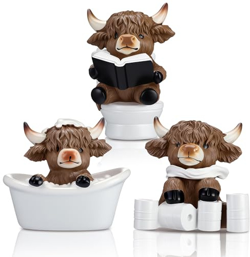 Kireida 3 Stück Highland Kuh Figuren Badezimmer Wc Deko Schottische Harz Statue Kalb Geschenke Für Zuhause Garten Küche Büro Etagen Tablett Tischdeko
