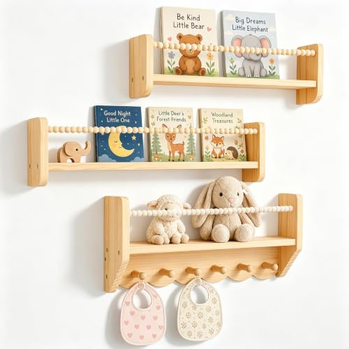 Wandregal Kinderzimmer 3er Set, Bücherregal Kinder Wand für Spielzeug Bilder und Bücher, 40cm Regal Schweberegal Holz Montessori Wandregale für Kinderzimmer Küche Spielzimmer Schlafzimmer Wohnzimmer