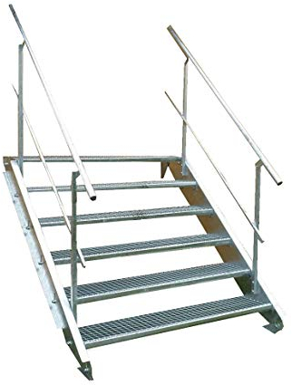 Srm-Design 6 Stufen Edelstahlleiter mit beidseitigem Geländer/Breite 90cm, Geschosshöhe 90-120cm / Robuste Außentreppe/Wangentreppe/Stabile Industrietreppe für den Außenbereich/Inklusive Zubehör