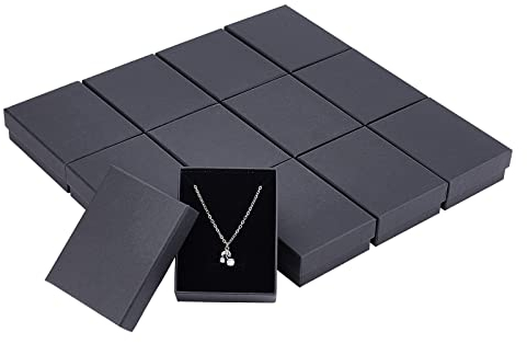 nbeads 12 Stück Karton Schmuck Box Set, Rechteck Kraft Schwarz Pappschachteln Schmuckschatulle Geschenkbox mit Deckel Ring Halskette Geschenke Display Für Weihnachten Valentinstag Hochzeiten, 9x7x3cm
